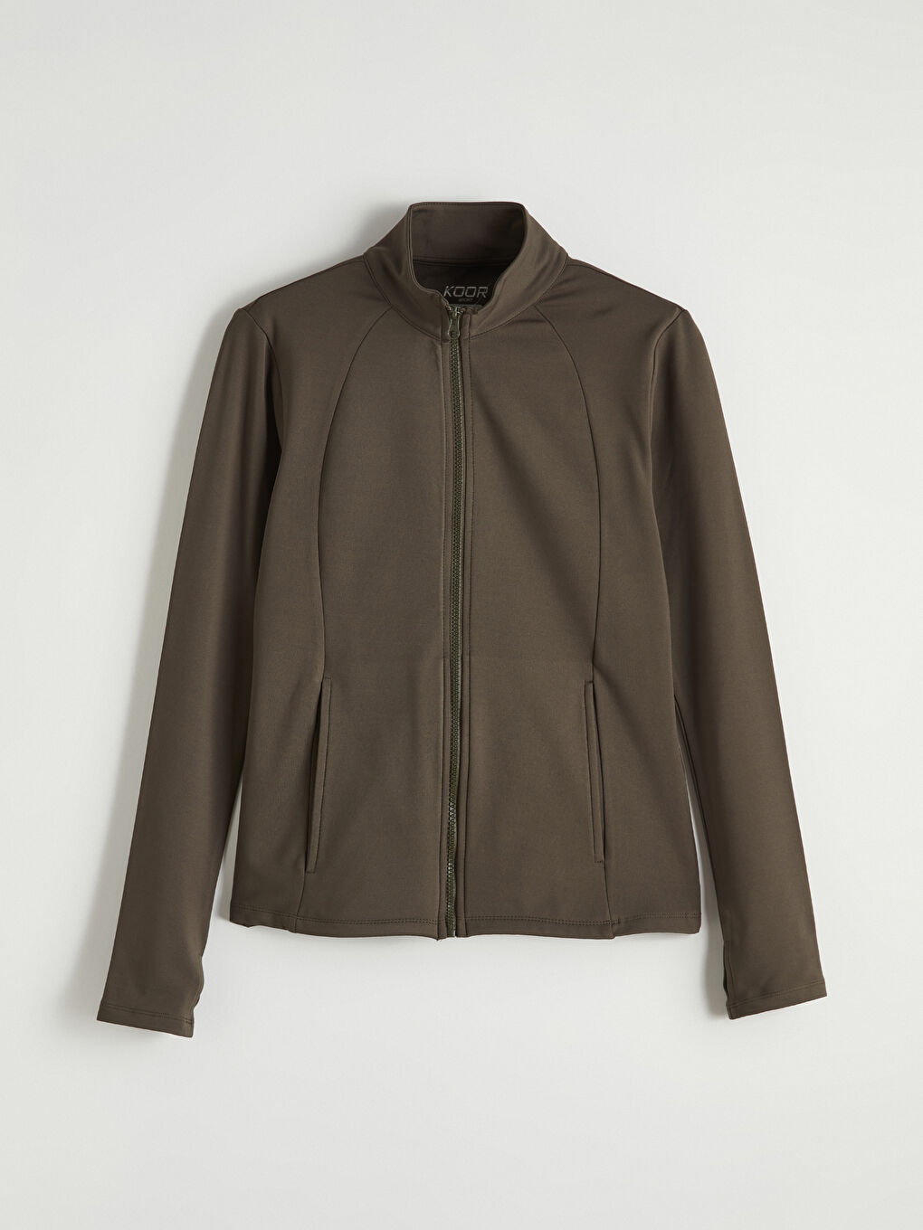 Haki Dik Yaka Parmak Geçmeli Kadın Fermuarlı Sweatshirt