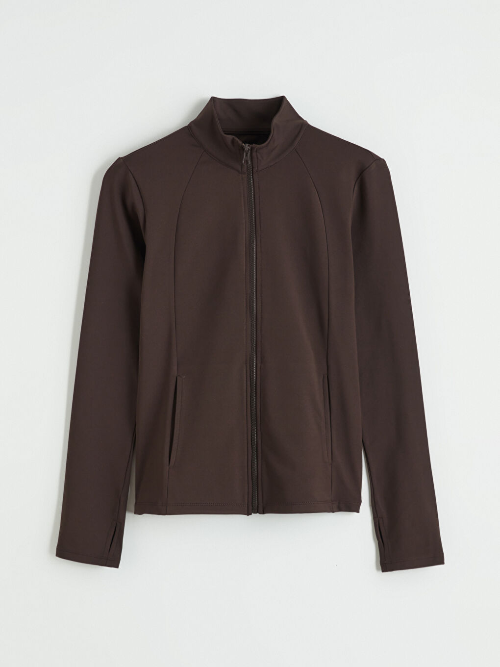 Kahverengi Dik Yaka Parmak Geçmeli Kadın Fermuarlı Sweatshirt