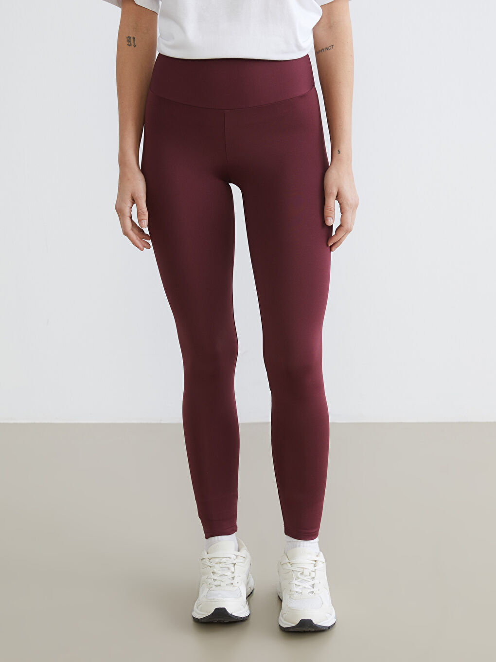 Bordo Yüksek Bel Toparlayıcı Kadın Spor Tayt-1