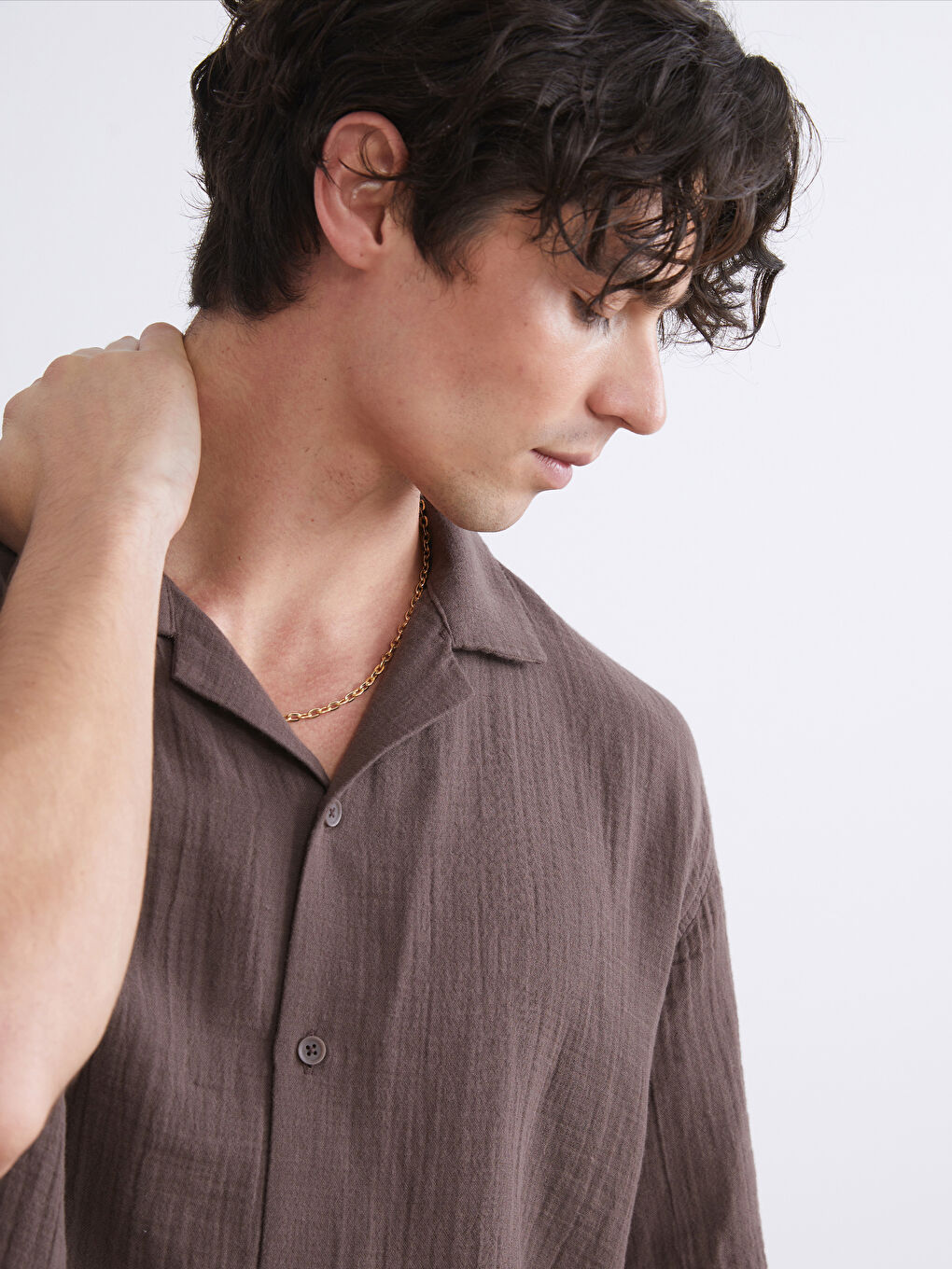 Kahverengi Rahat Kalıp Resort Yaka Kısa Kollu Müslin Erkek Gömlek-2