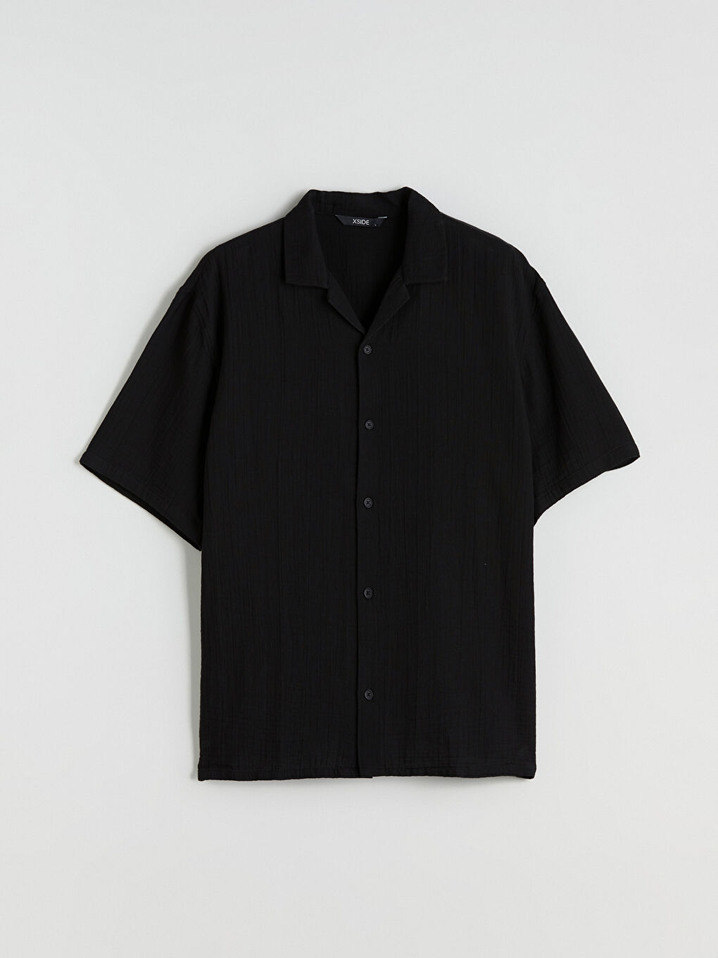 Siyah Rahat Kalıp Resort Yaka Kısa Kollu Müslin Erkek Gömlek-8