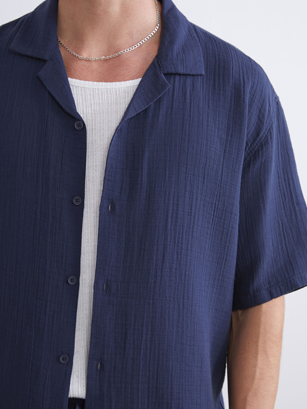 Lacivert Rahat Kalıp Resort Yaka Kısa Kollu Müslin Erkek Gömlek-2