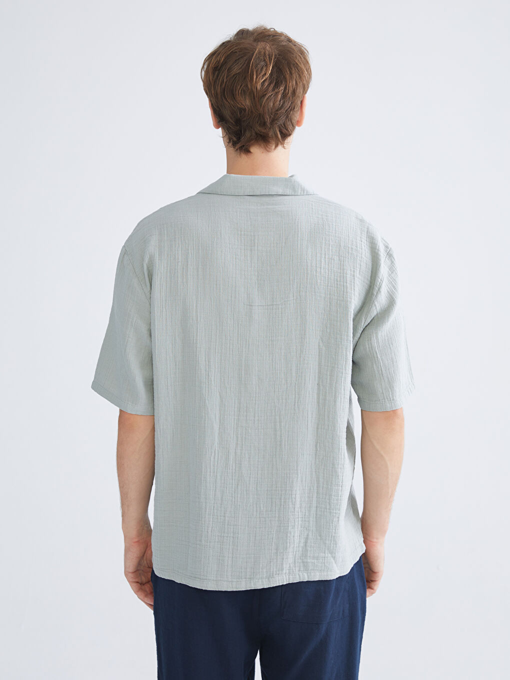 Yeşil Rahat Kalıp Resort Yaka Kısa Kollu Müslin Erkek Gömlek-3