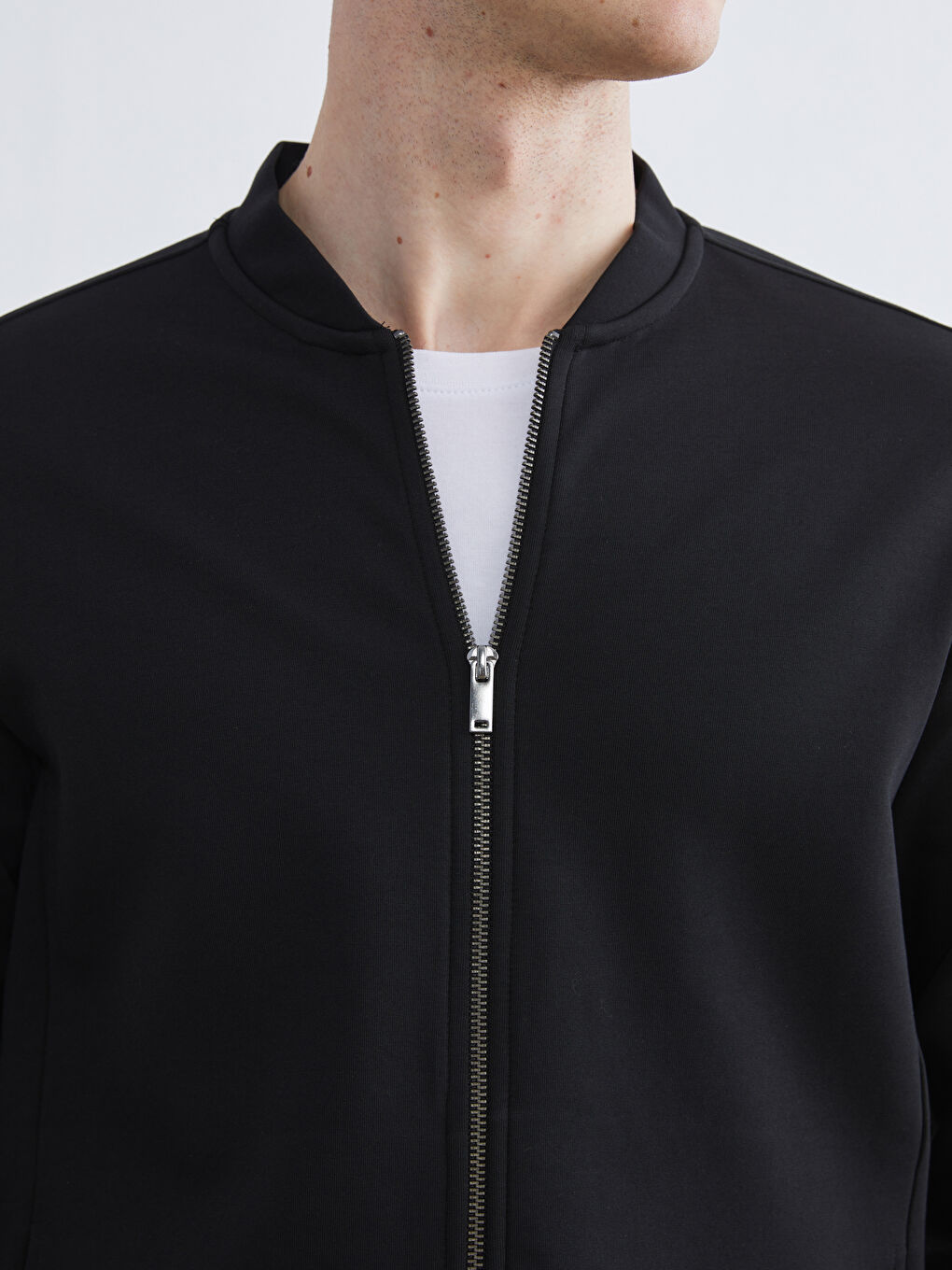 Siyah Standart Kalıp Kolej Yaka Erkek Fermuarlı Sweatshirt-2