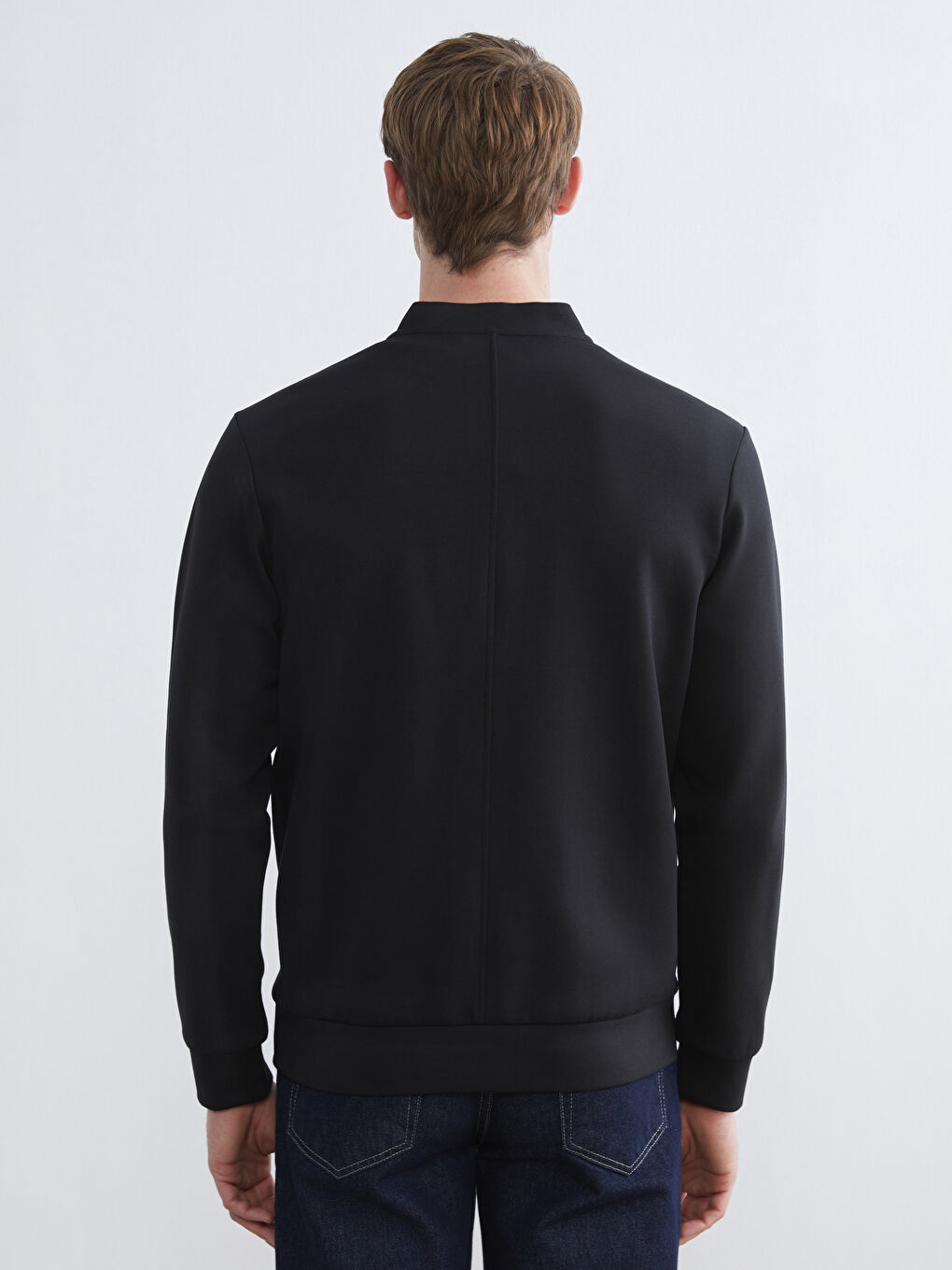 Siyah Standart Kalıp Kolej Yaka Erkek Fermuarlı Sweatshirt-3