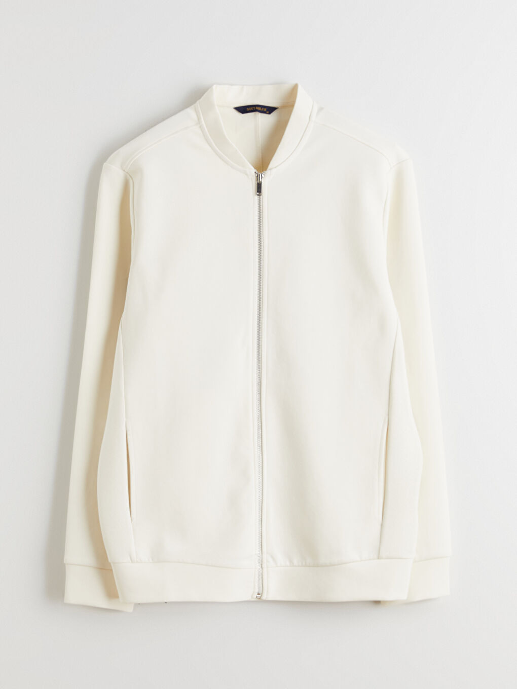 Ekru Standart Kalıp Kolej Yaka Erkek Fermuarlı Sweatshirt-4