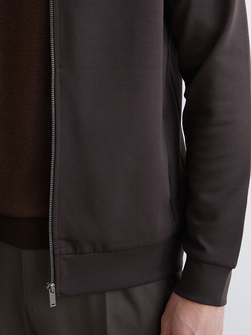 Kahverengi Standart Kalıp Kolej Yaka Erkek Fermuarlı Sweatshirt-2