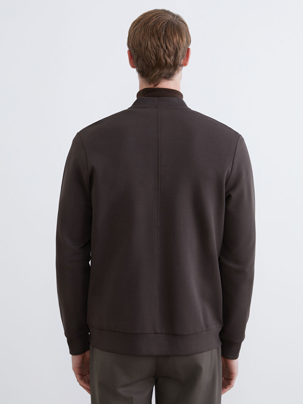 Kahverengi Standart Kalıp Kolej Yaka Erkek Fermuarlı Sweatshirt-3