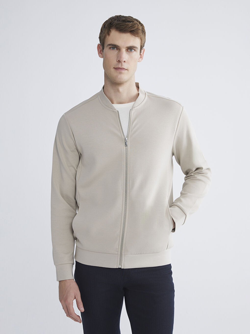 Gri Standart Kalıp Kolej Yaka Erkek Fermuarlı Sweatshirt