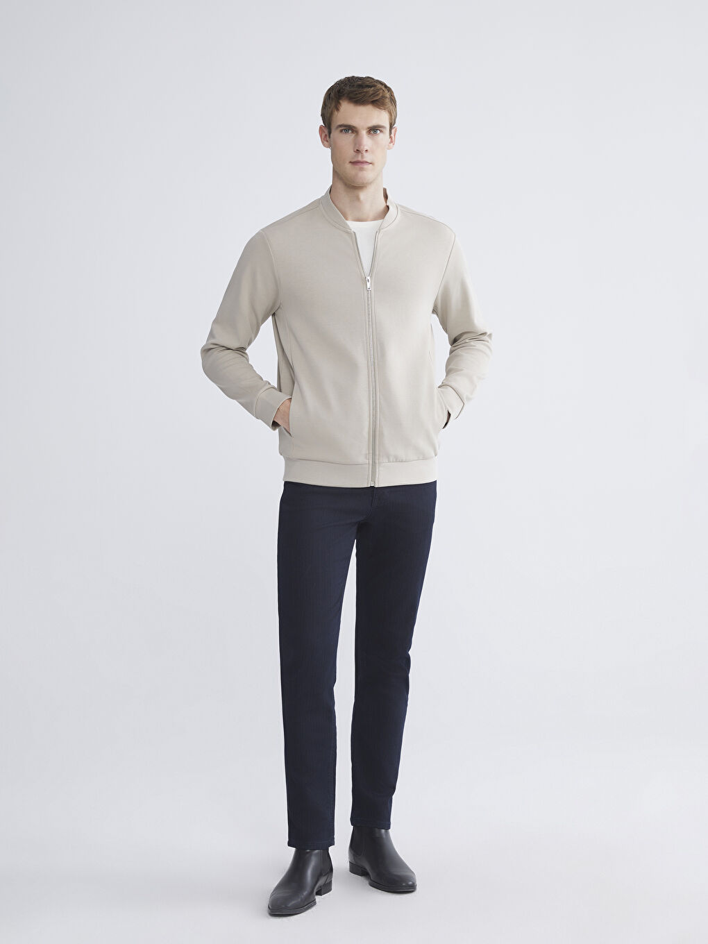 Gri Standart Kalıp Kolej Yaka Erkek Fermuarlı Sweatshirt-1