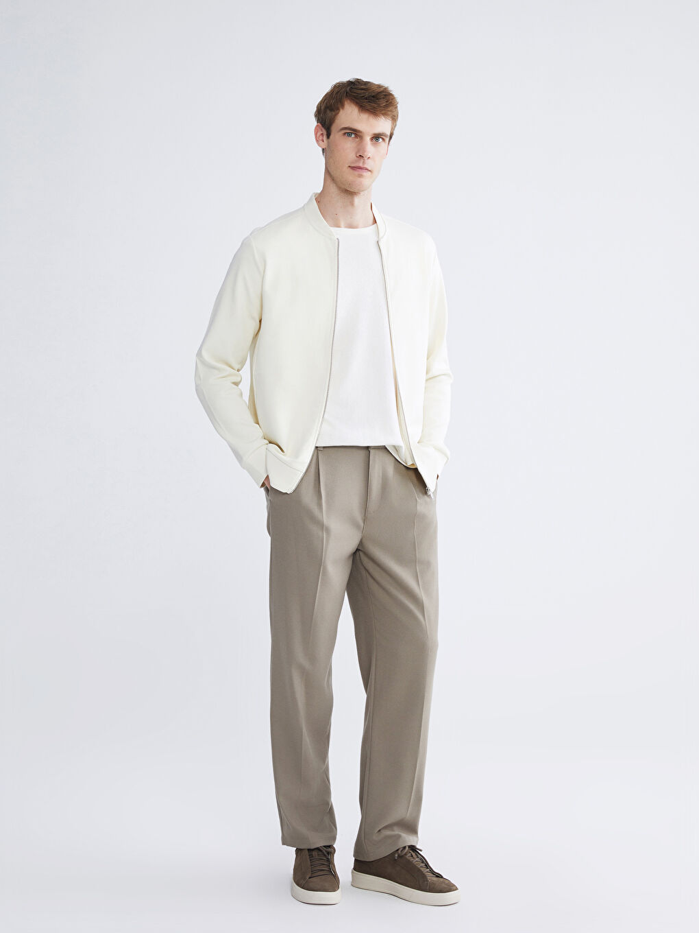 Ekru Standart Kalıp Kolej Yaka Erkek Fermuarlı Sweatshirt-1