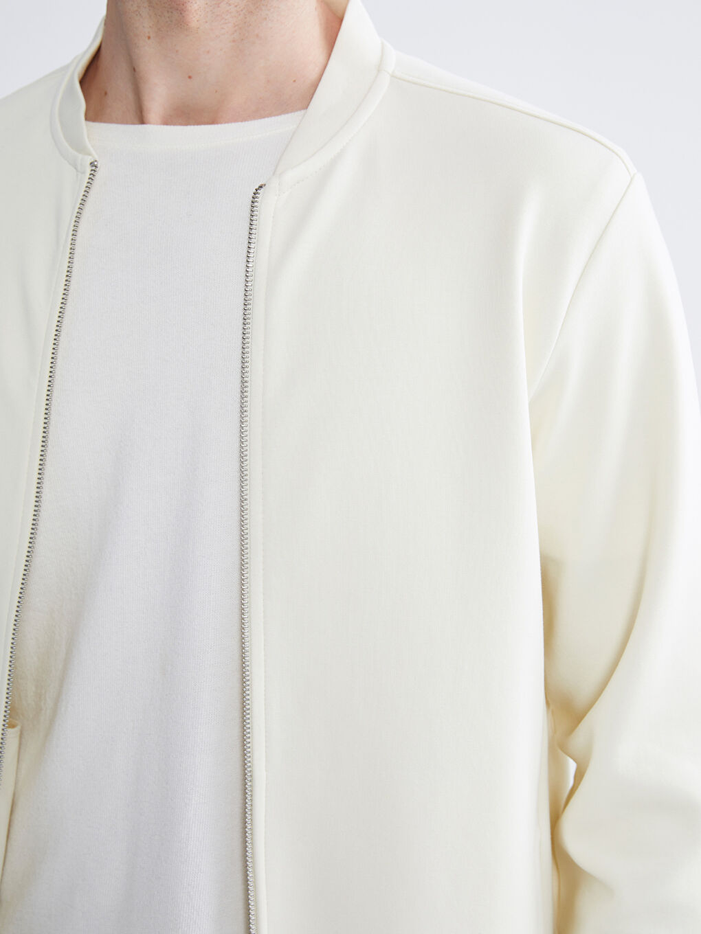 Ekru Standart Kalıp Kolej Yaka Erkek Fermuarlı Sweatshirt-2