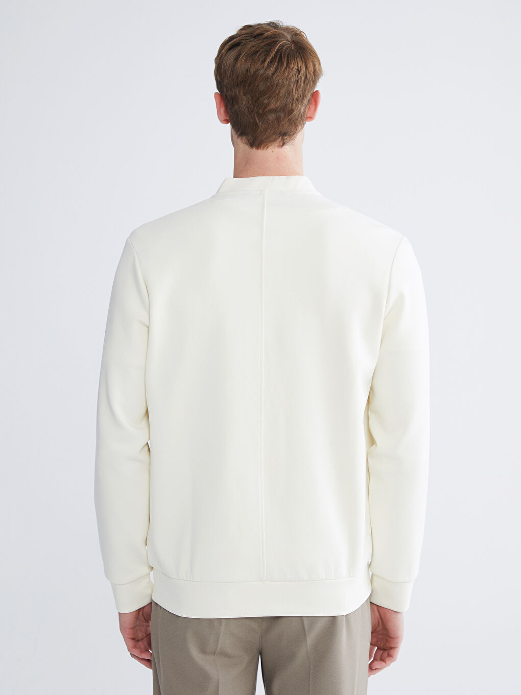 Ekru Standart Kalıp Kolej Yaka Erkek Fermuarlı Sweatshirt-3