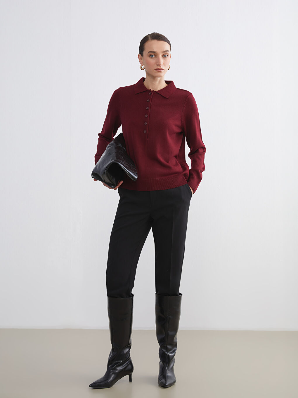 әйелдерге арналған поло жағалы трикотаж жемпір-1