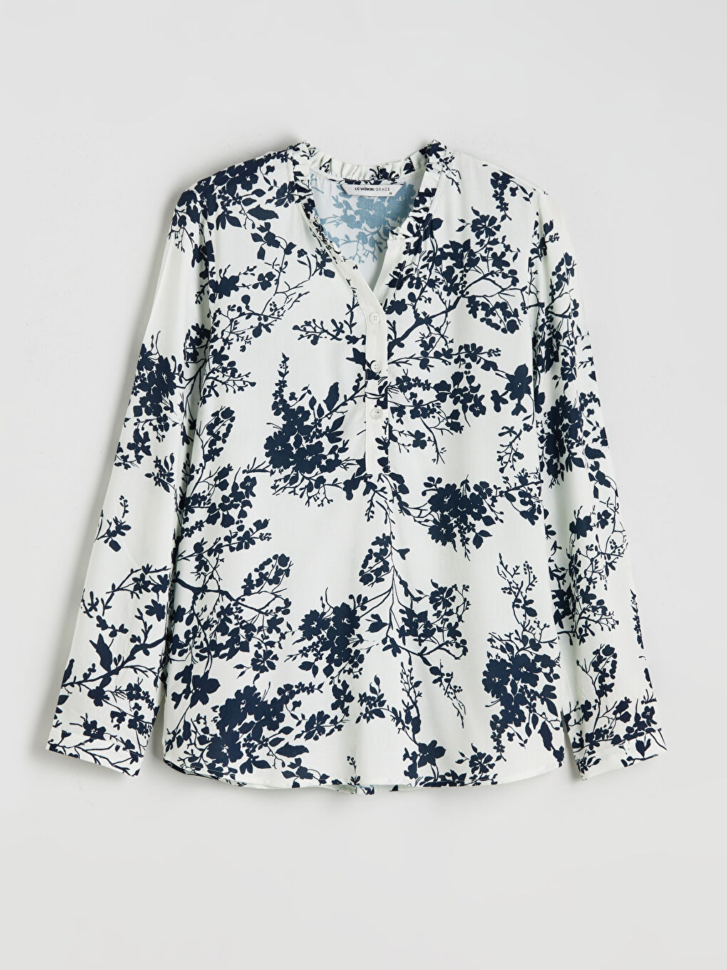 Ekru Kaçık Yaka Çiçekli Fırfırlı Bluz-6