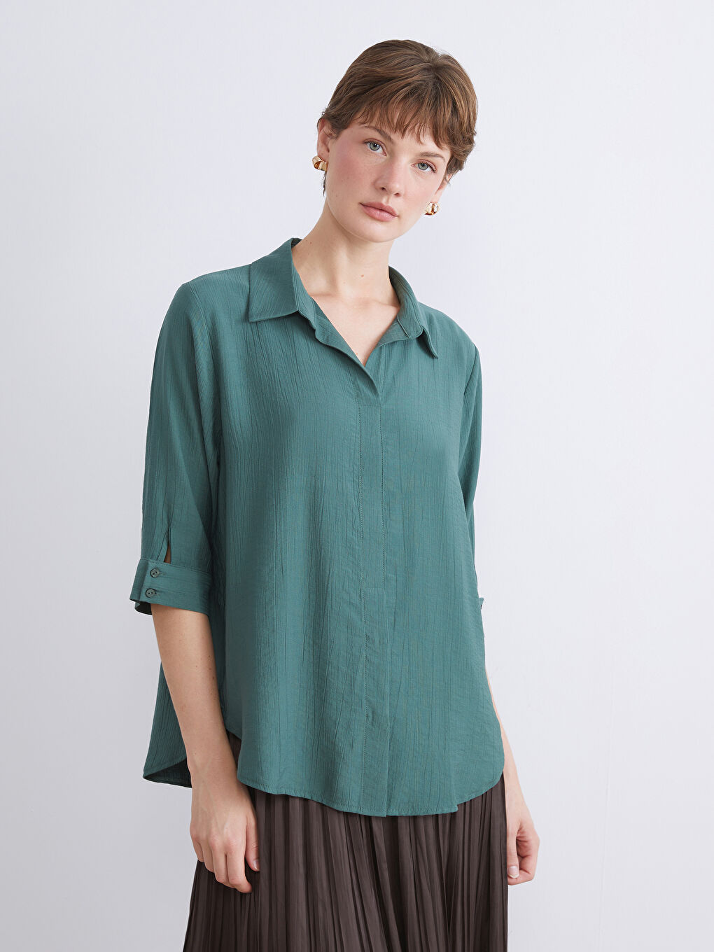 Plus Size Shirt Collar Textured Oversize Blouse