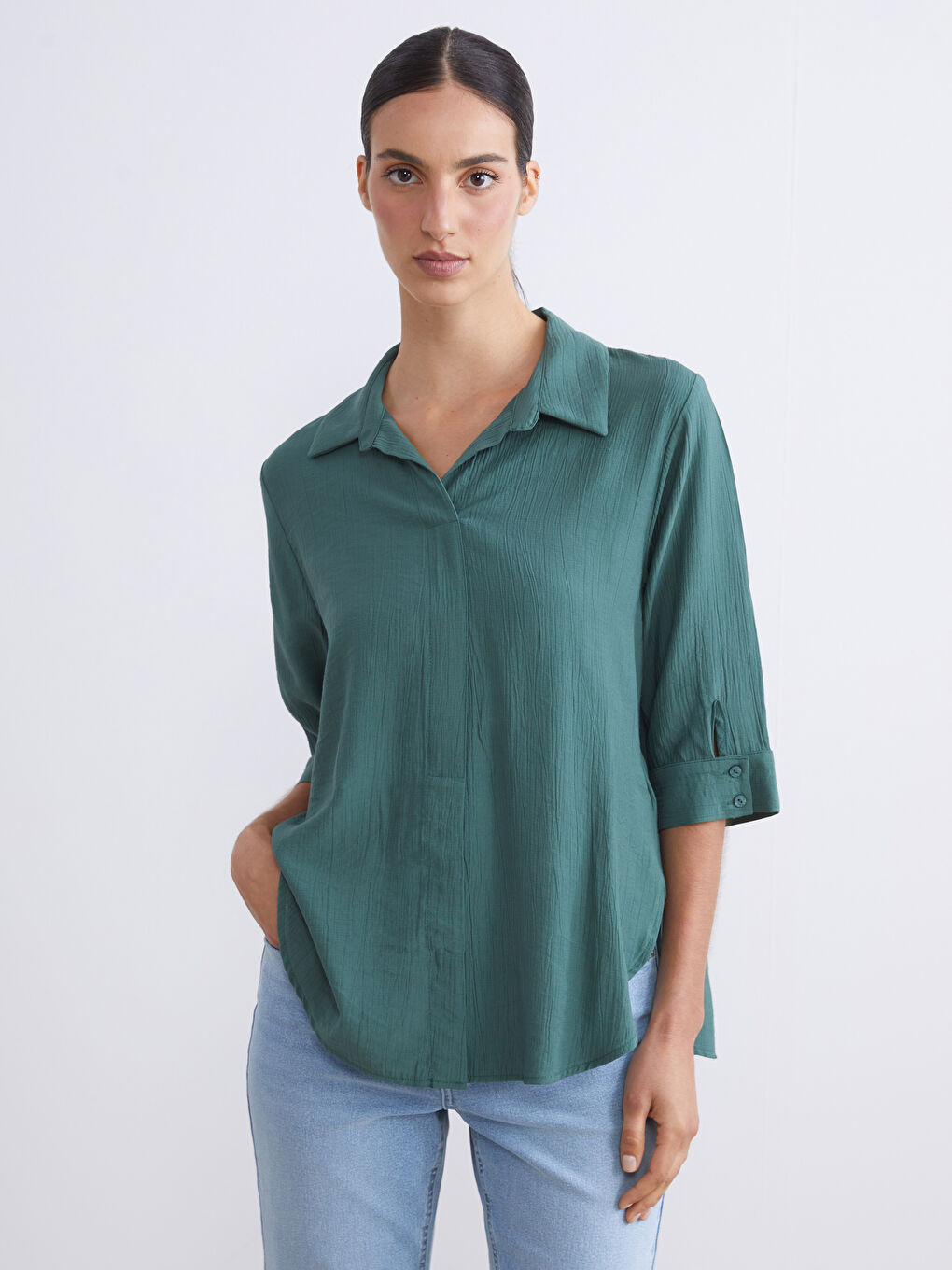 Plus Size Shirt Collar Textured Oversize Blouse-1
