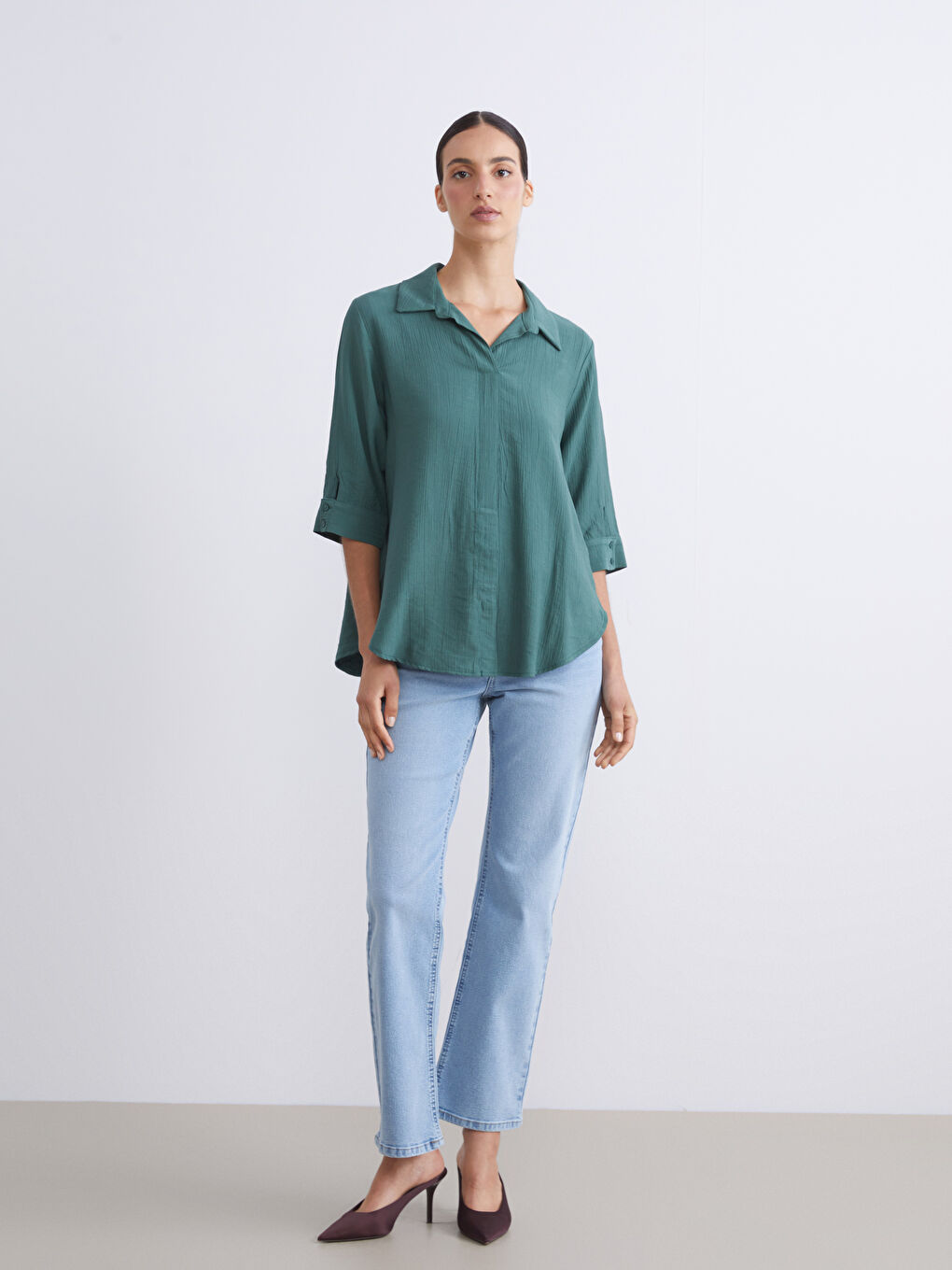 Plus Size Shirt Collar Textured Oversize Blouse-3
