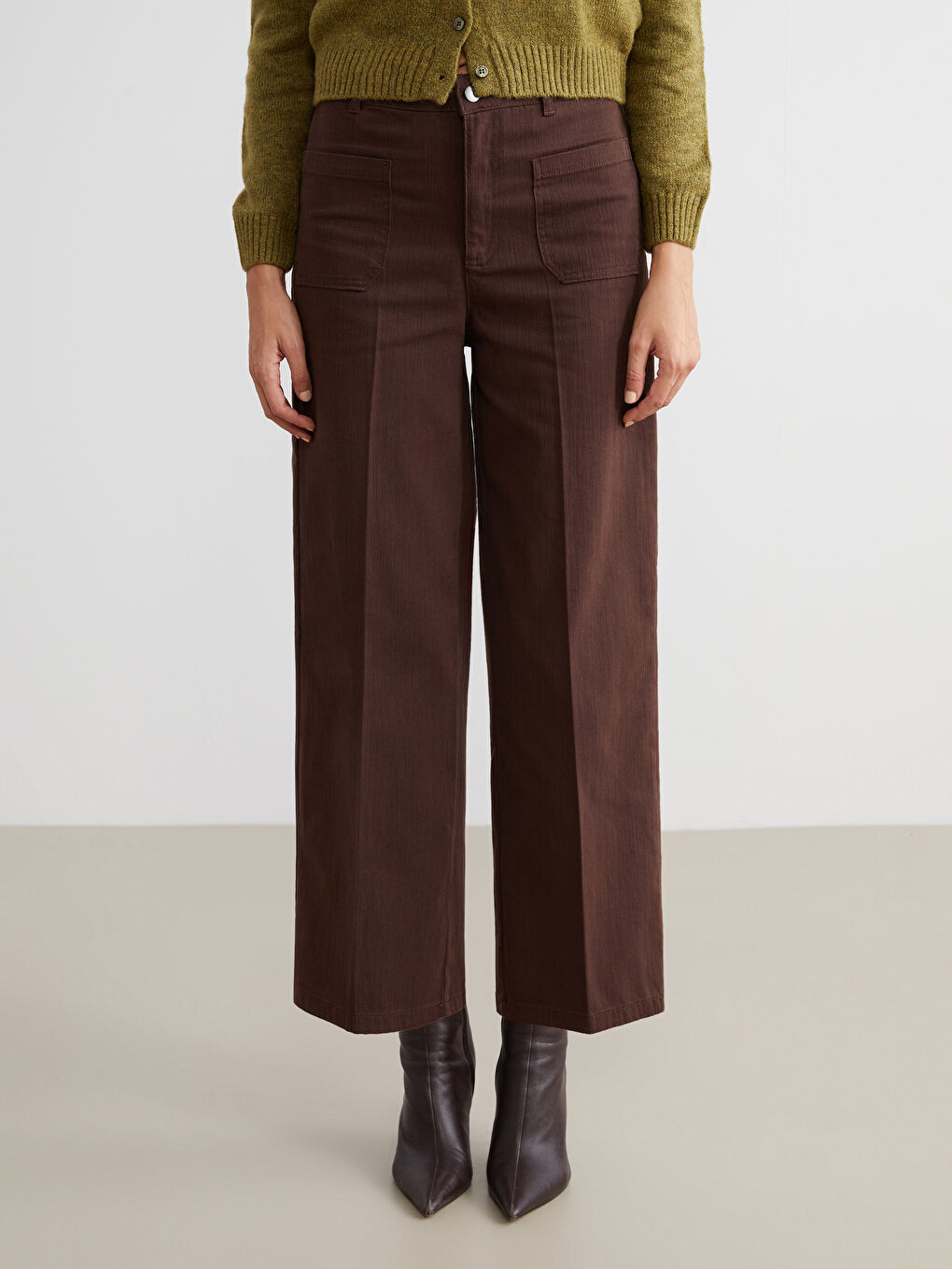 Kahverengi Wideleg Kadın Jean Pantolon-1