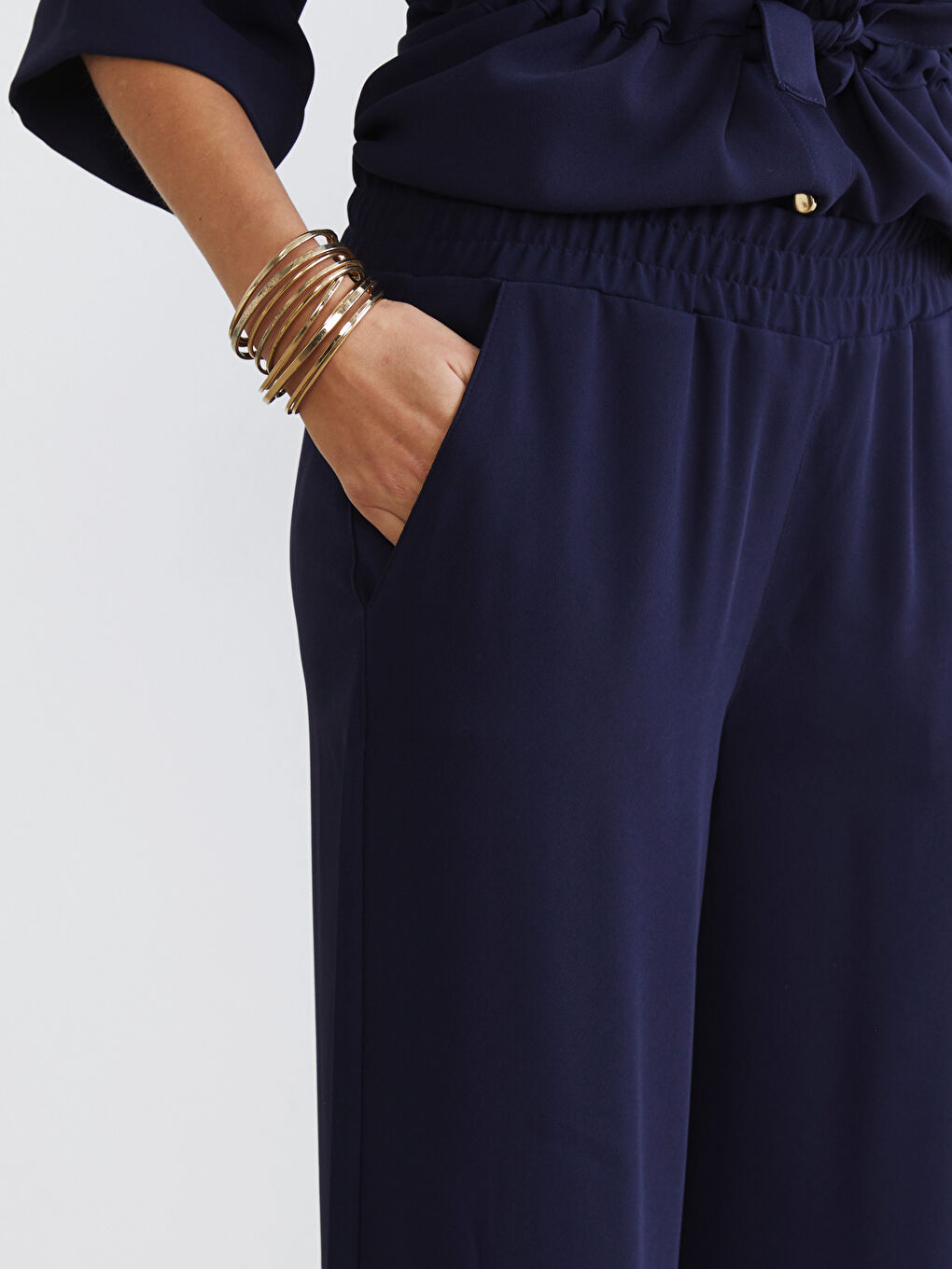 Lacivert Beli Lastikli Geniş Paça Kadın Pantolon-3