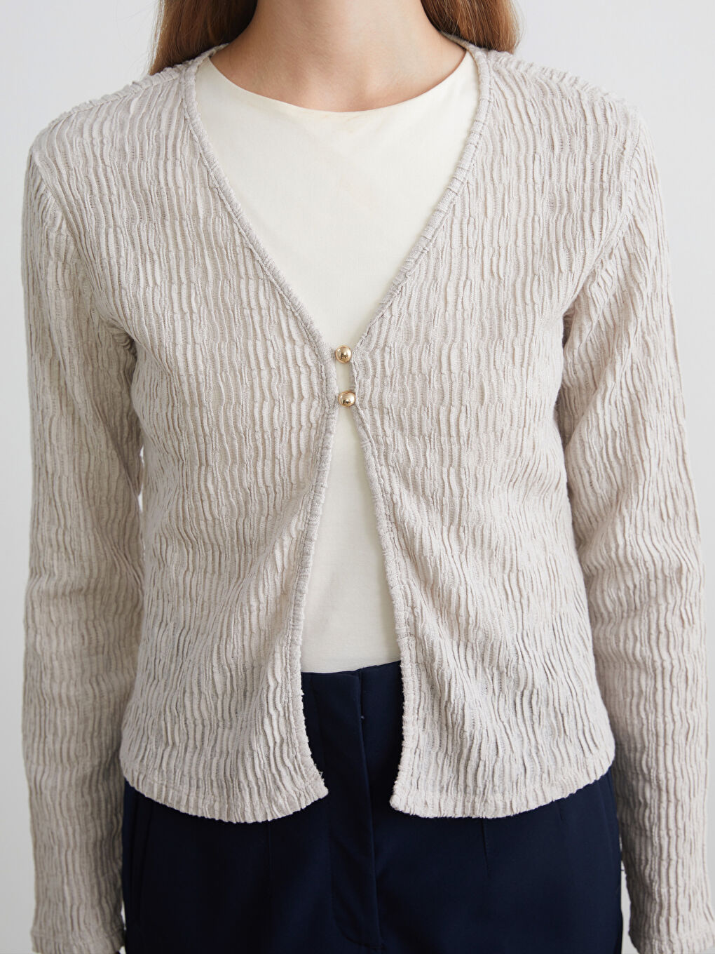 Gri V Yaka Dokulu Kadın Hırka-2