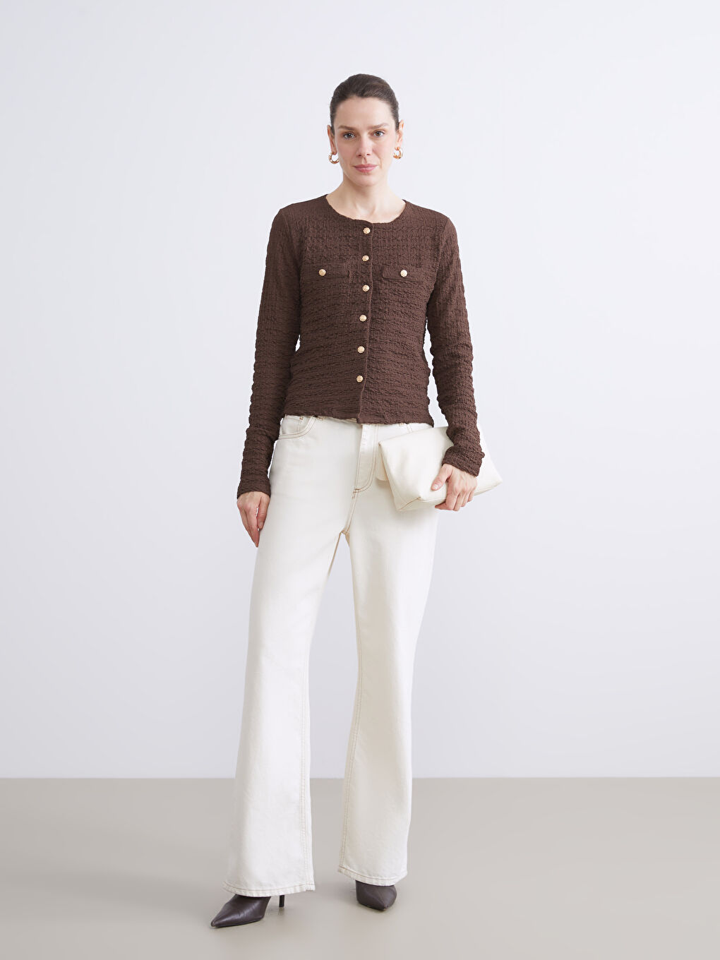 Kahverengi Bisiklet Yaka Dokulu Kadın Hırka-1