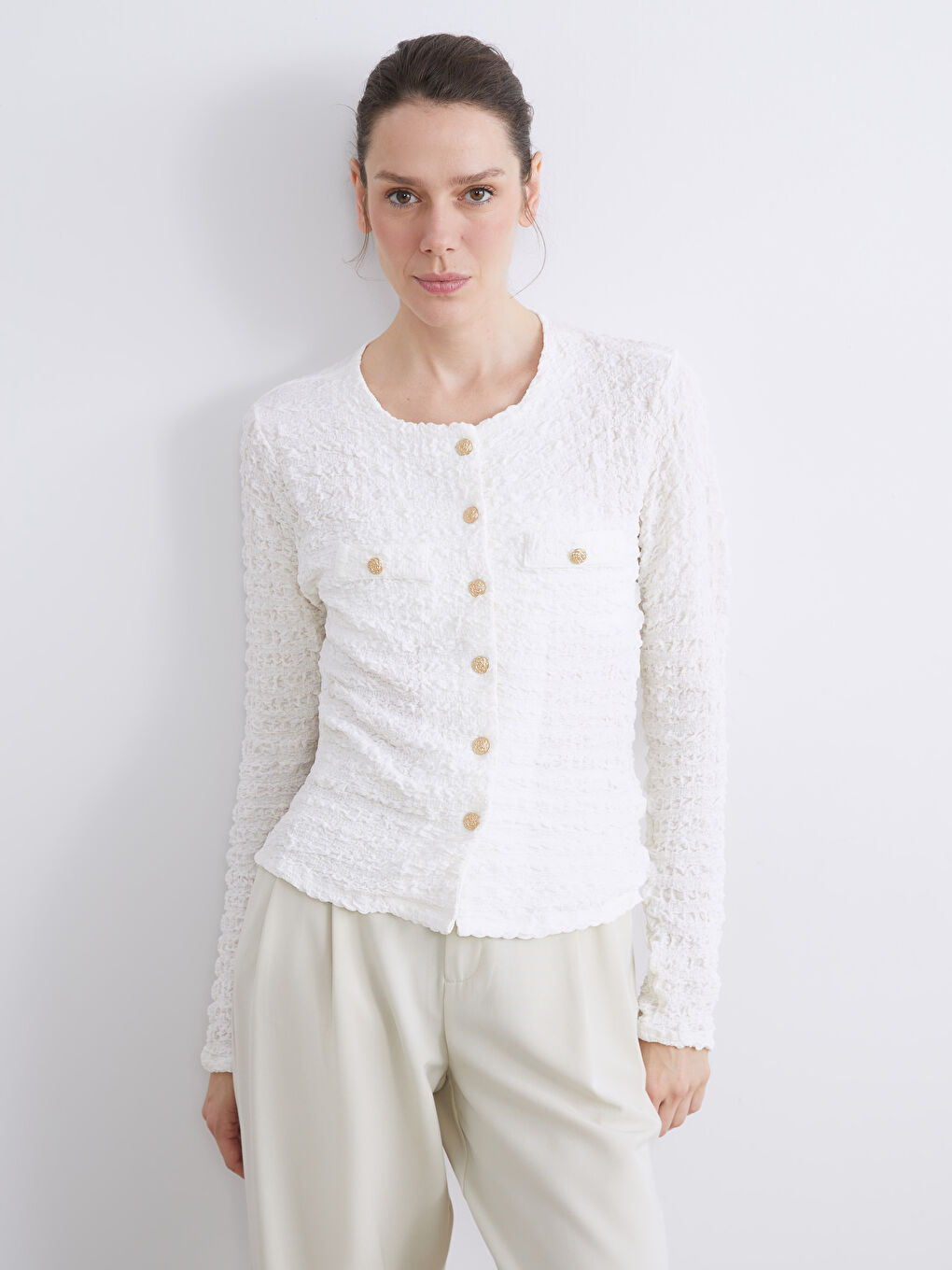 Ekru Bisiklet Yaka Dokulu Kadın Hırka