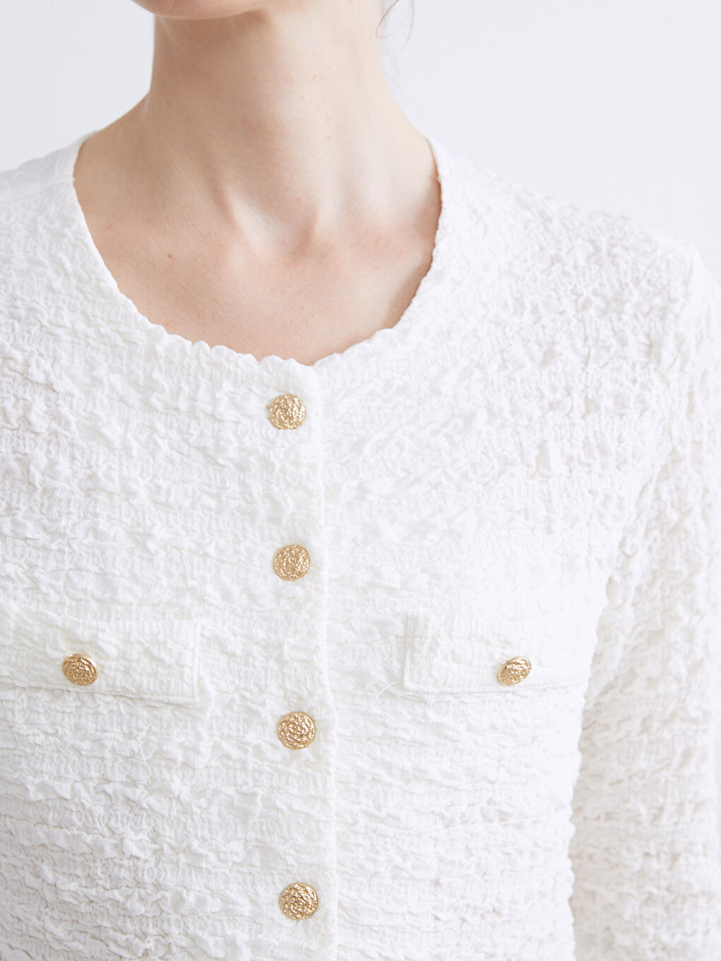 Ekru Bisiklet Yaka Dokulu Kadın Hırka-2