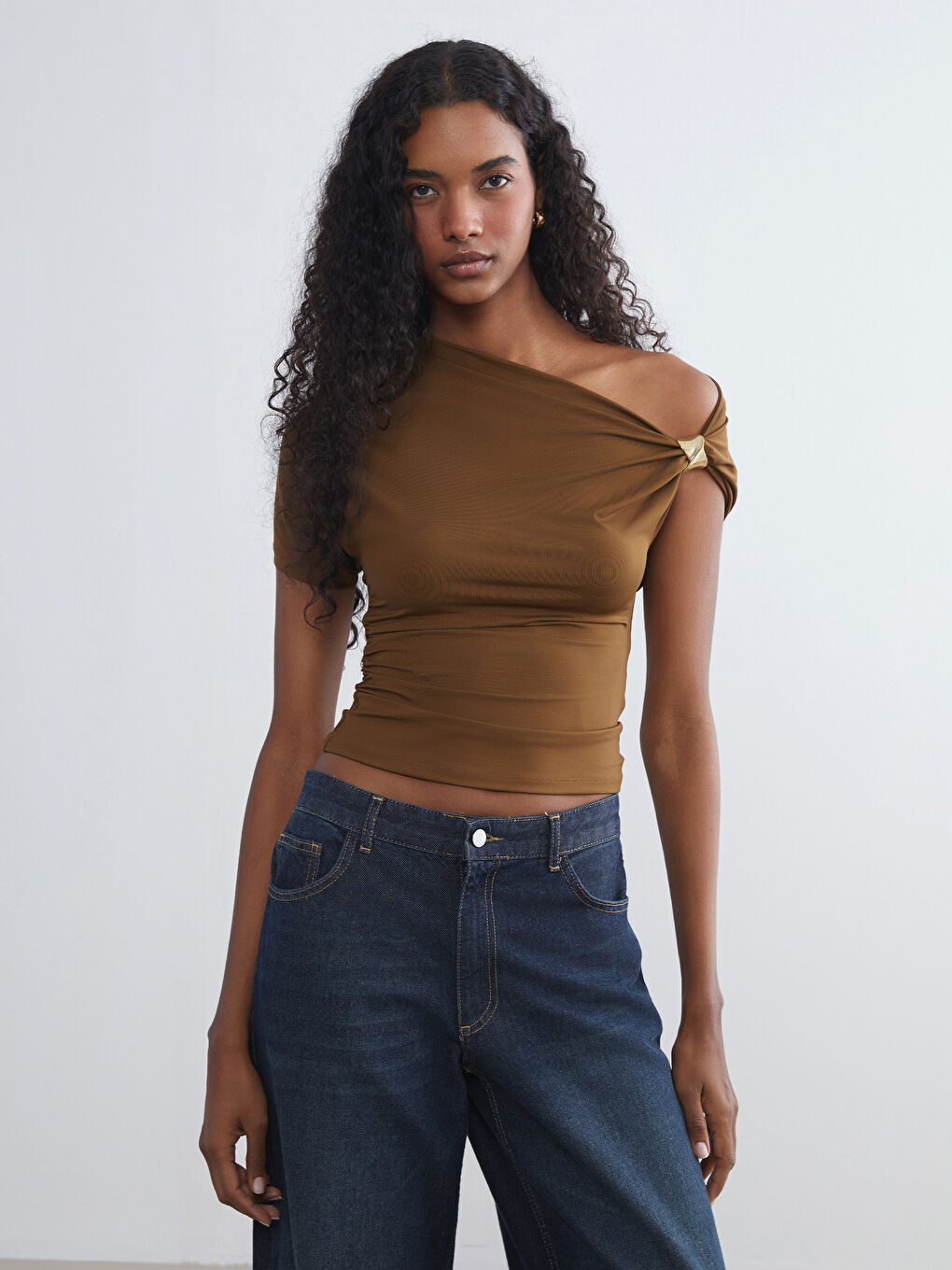 LCW Vision Slash Neck Ruched Blouse -W5KB58Z8-HCR