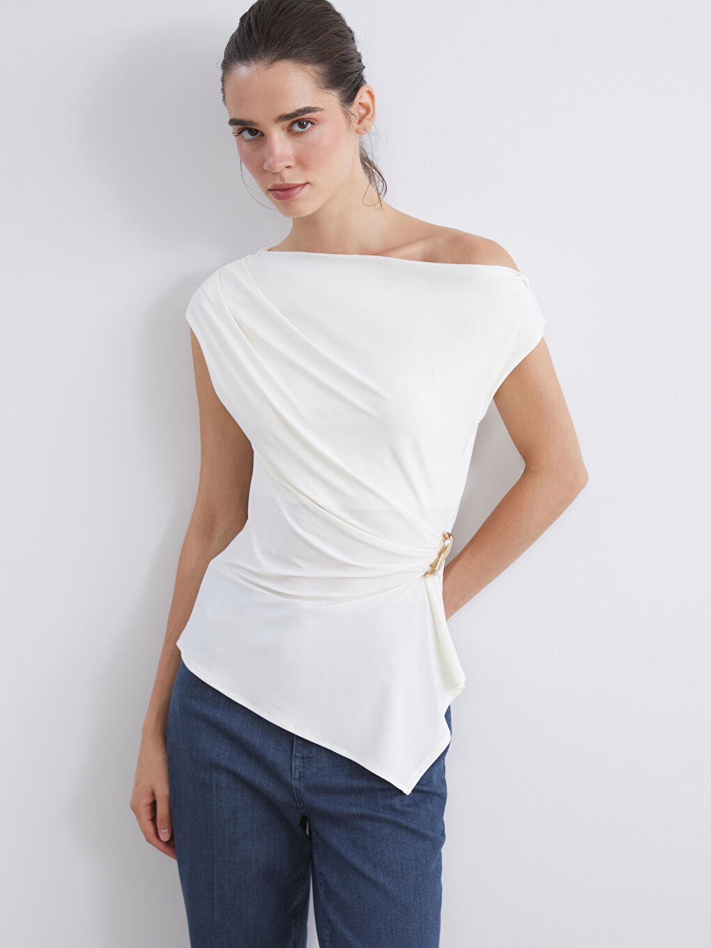 LCW Vision Slash Neck Ruched Blouse -W5KB60Z8-FDJ