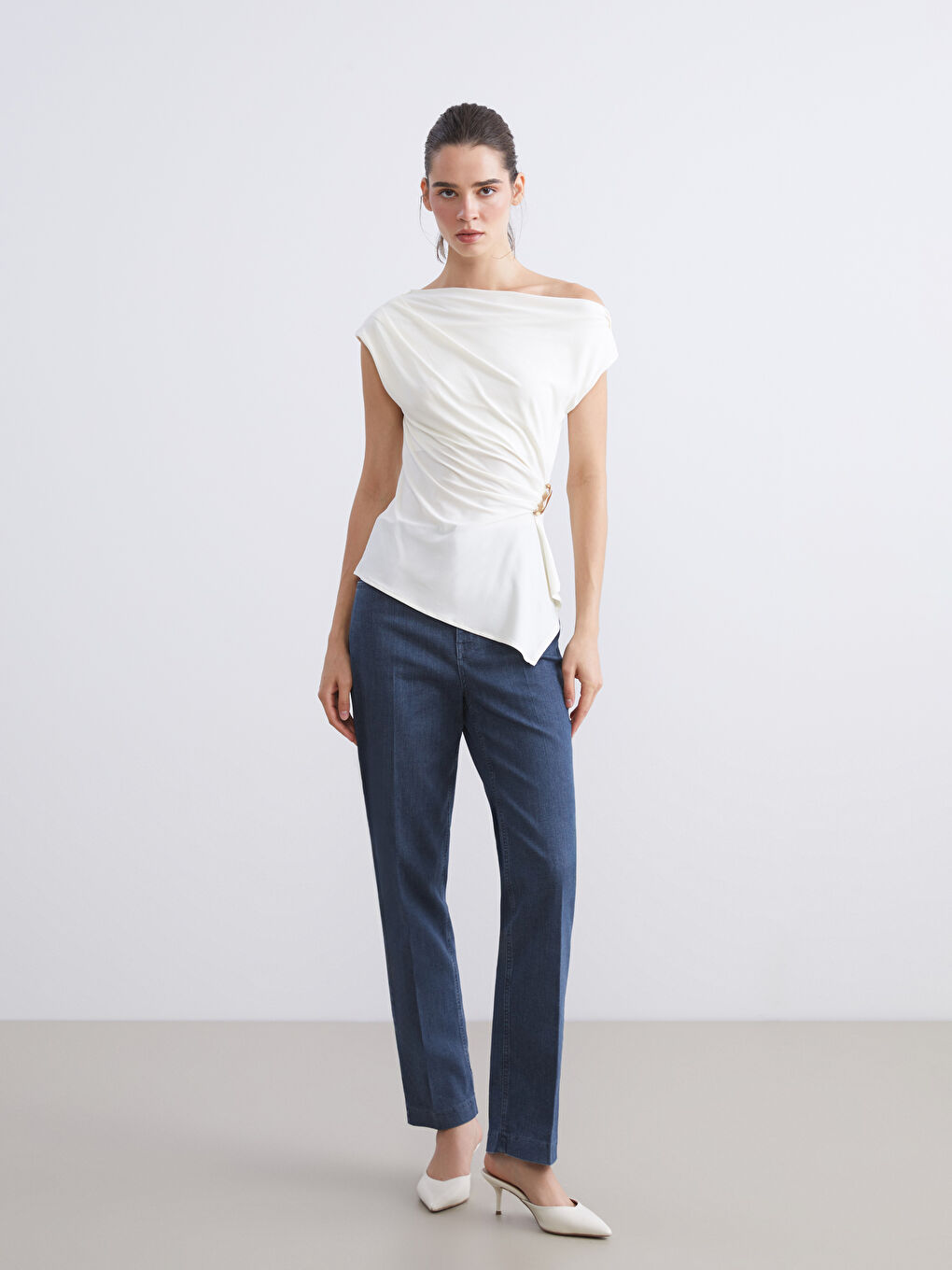 LCW Vision Slash Neck Ruched Blouse -W5KB60Z8-FDJ