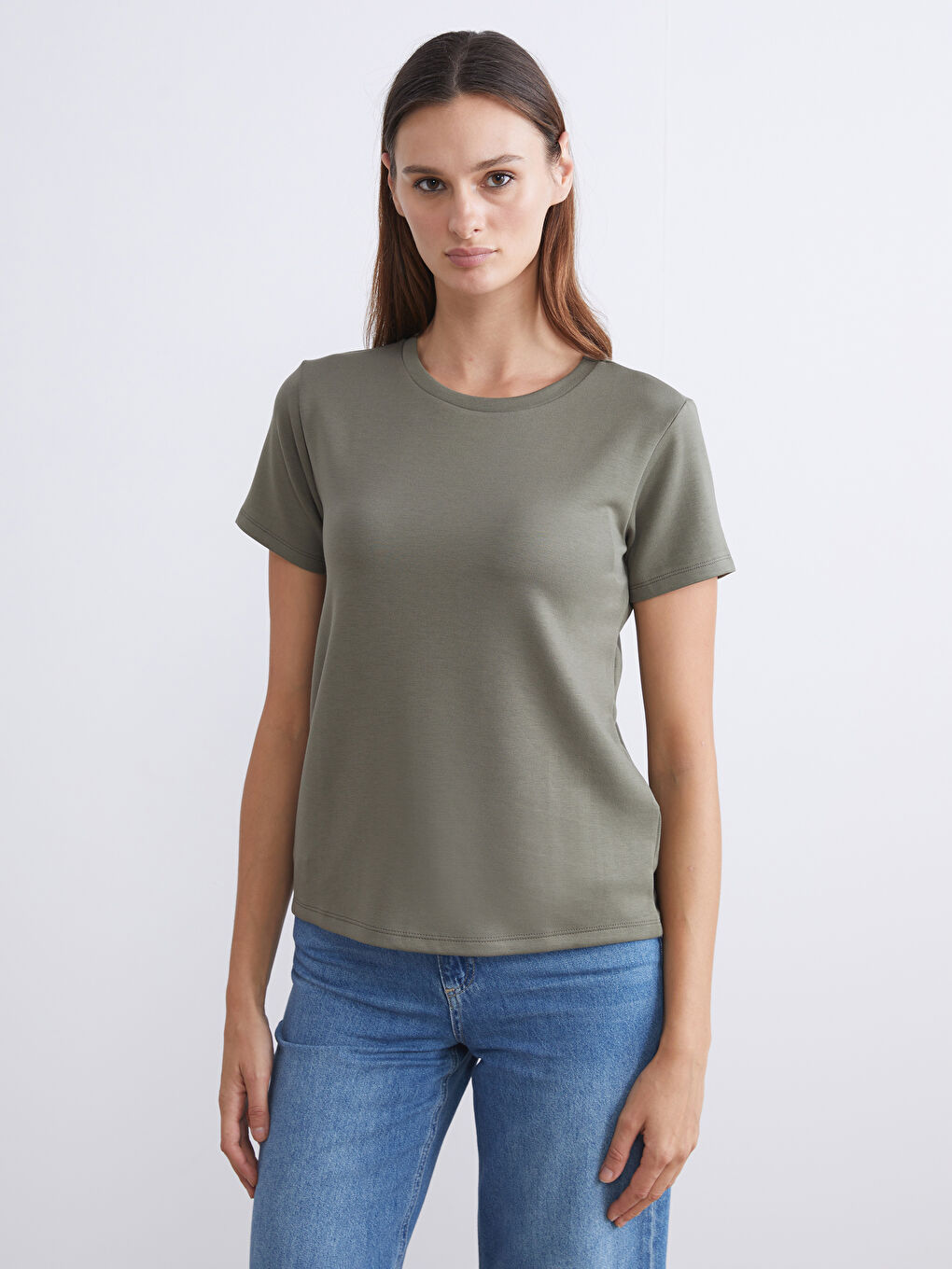 Haki Bisiklet Yaka Kadın Tişört