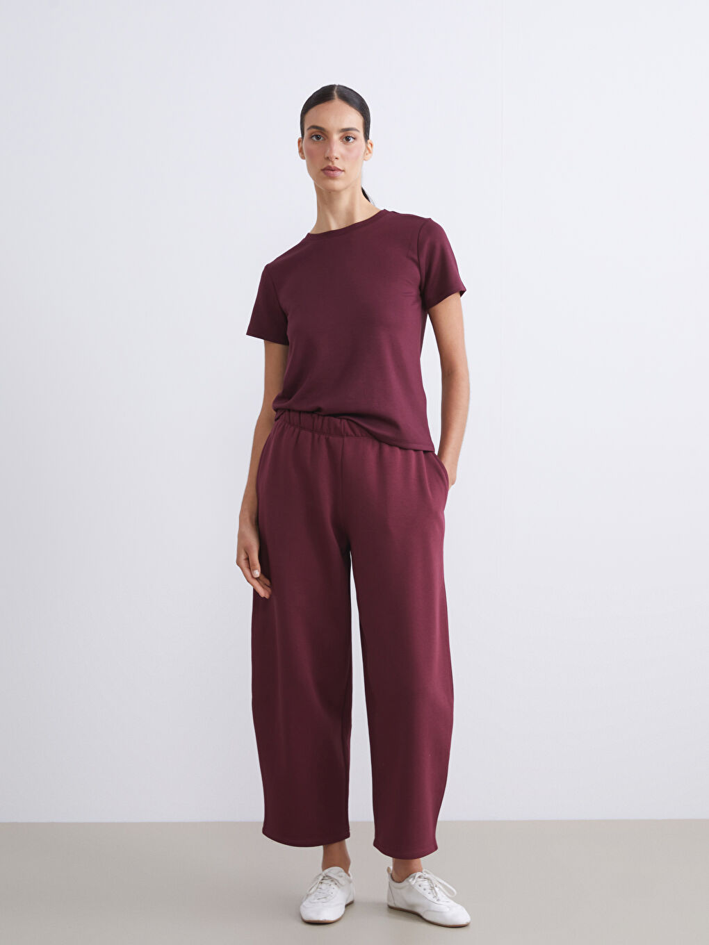 Mürdüm Bisiklet Yaka Kadın Tişört-5