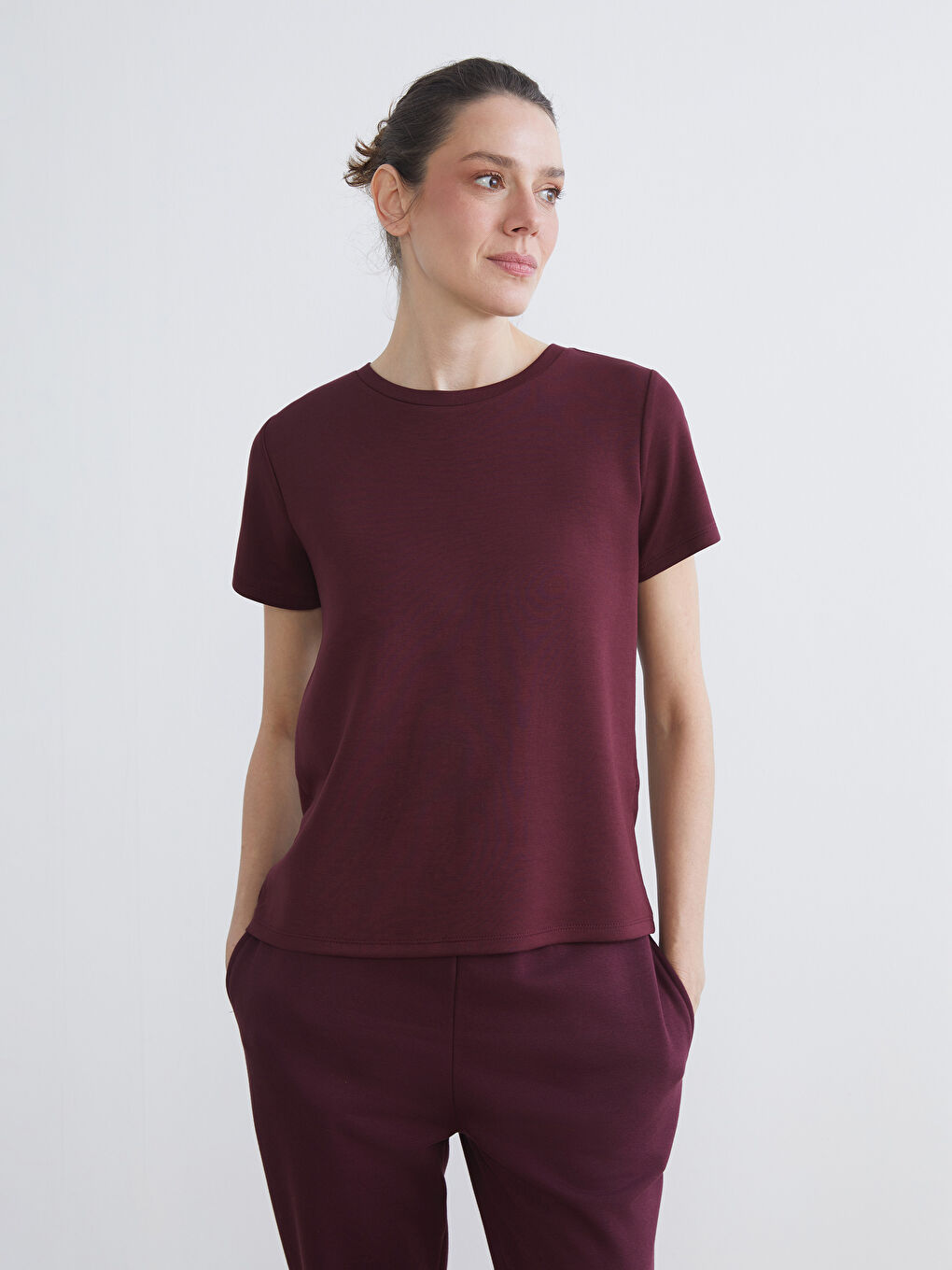 Mürdüm Bisiklet Yaka Kadın Tişört-2