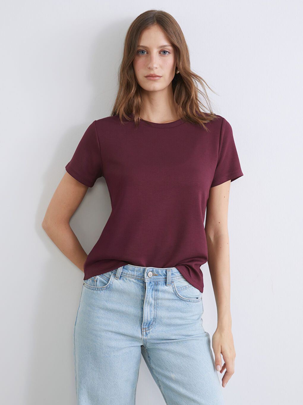 Mürdüm Bisiklet Yaka Kadın Tişört-1