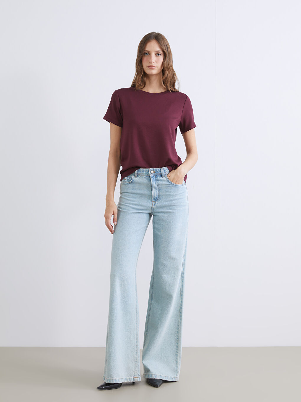 Mürdüm Bisiklet Yaka Kadın Tişört-4