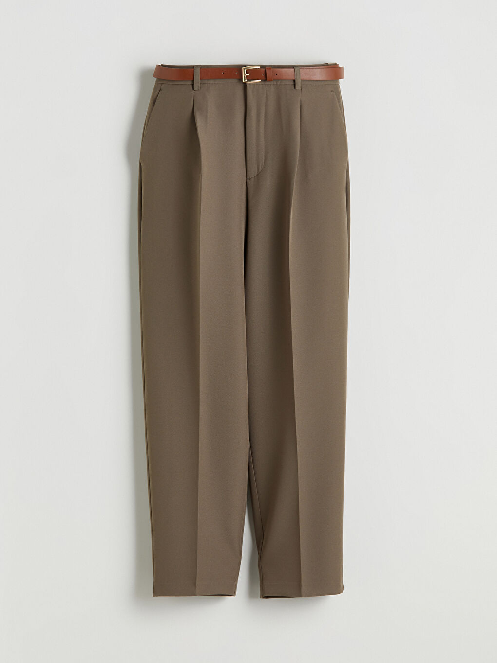 Haki Beli Kemerli Loose Fit Kadın Pileli Pantolon-6