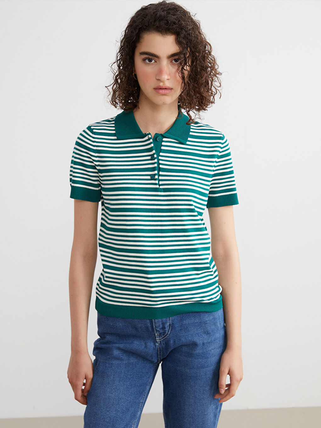 Yeşil Polo Yaka Çizgili Kadın Triko Kazak