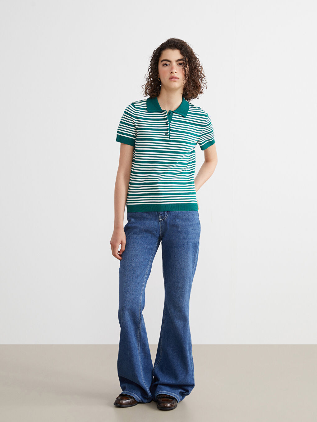 Yeşil Polo Yaka Çizgili Kadın Triko Kazak-1