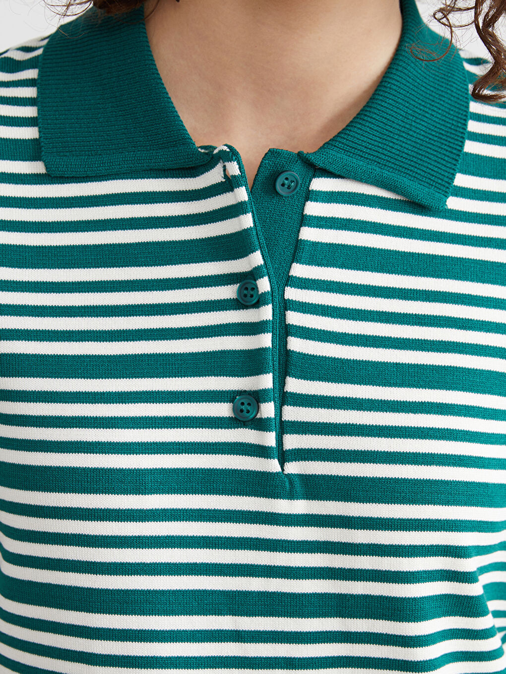 Yeşil Polo Yaka Çizgili Kadın Triko Kazak-2