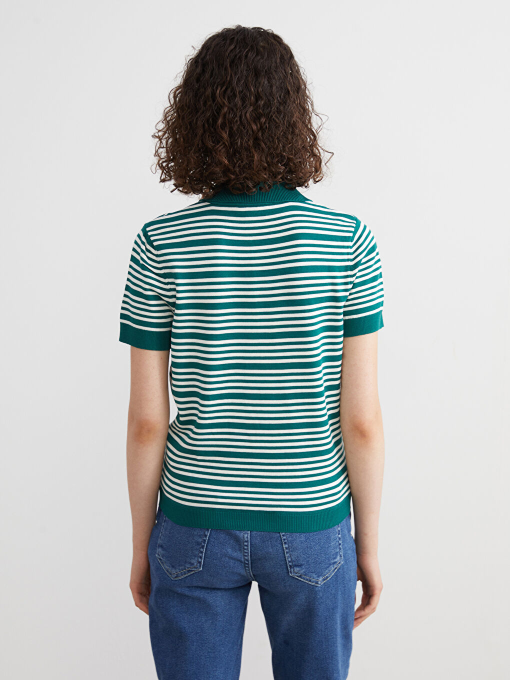 Yeşil Polo Yaka Çizgili Kadın Triko Kazak-3