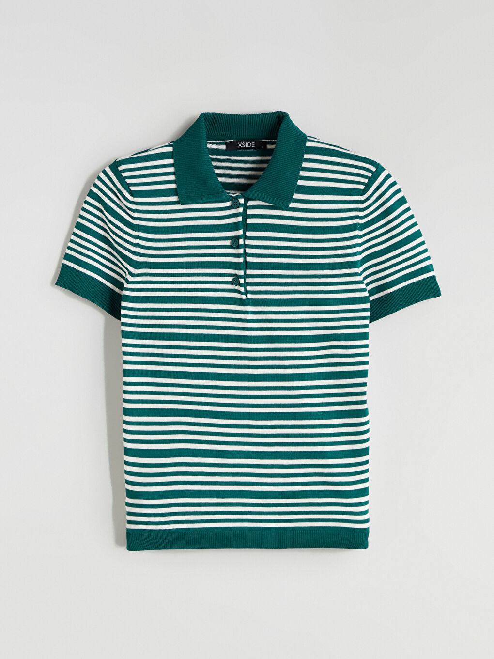 Yeşil Polo Yaka Çizgili Kadın Triko Kazak-4