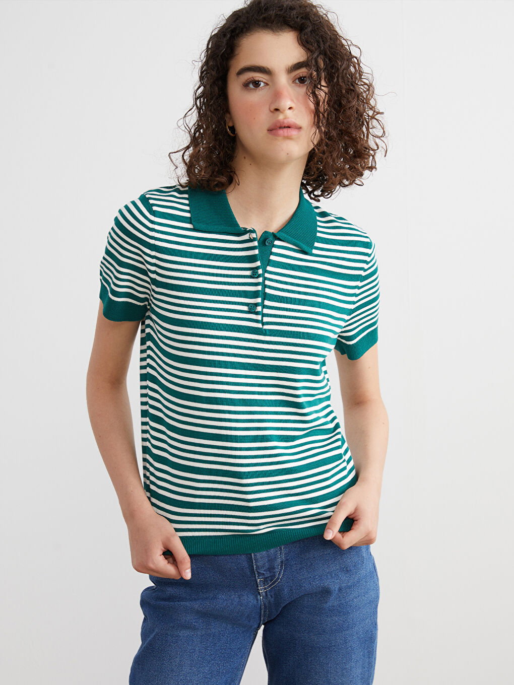 Polo Neck Striped Women's Knitwear Sweater