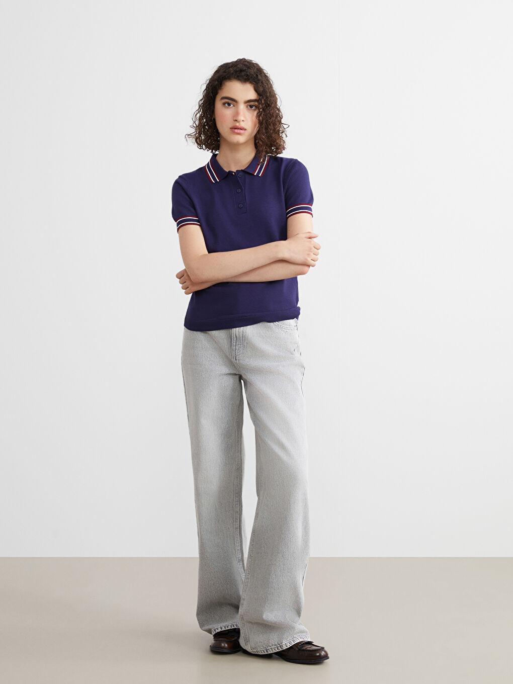 Lacivert Polo Yaka Kadın Triko Kazak-1