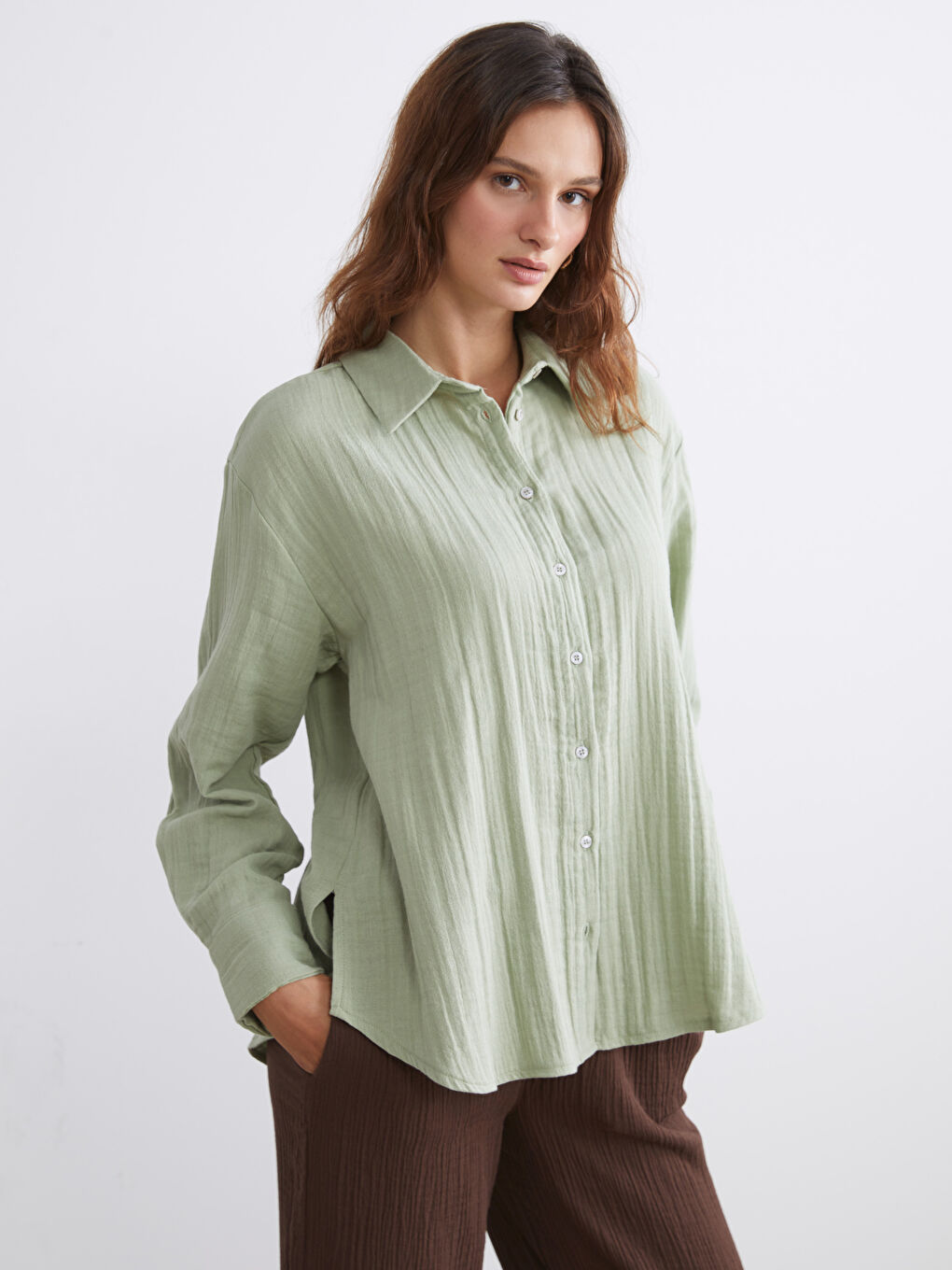 Yeşil Dokulu Müslin Kadın Gömlek
