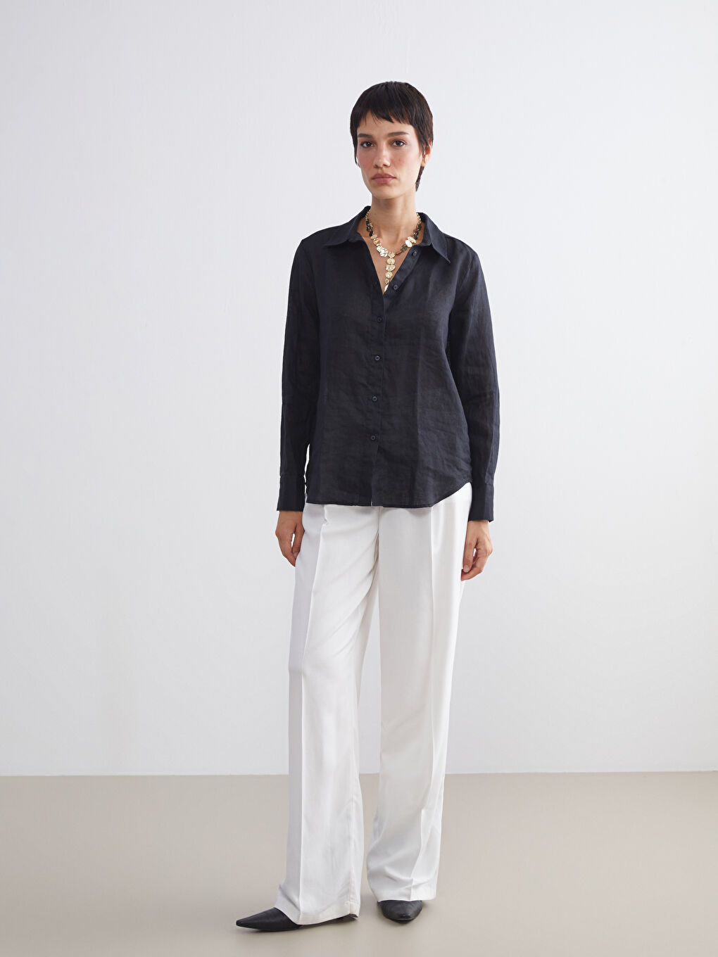 Siyah %100 Keten Kadın Gömlek-1