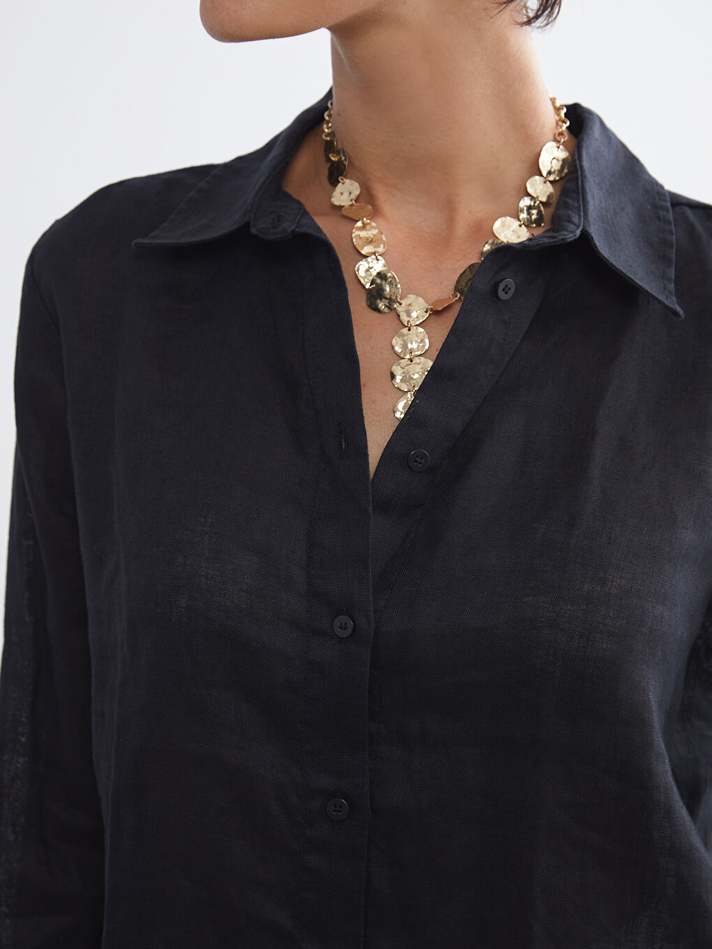 Siyah %100 Keten Kadın Gömlek-2