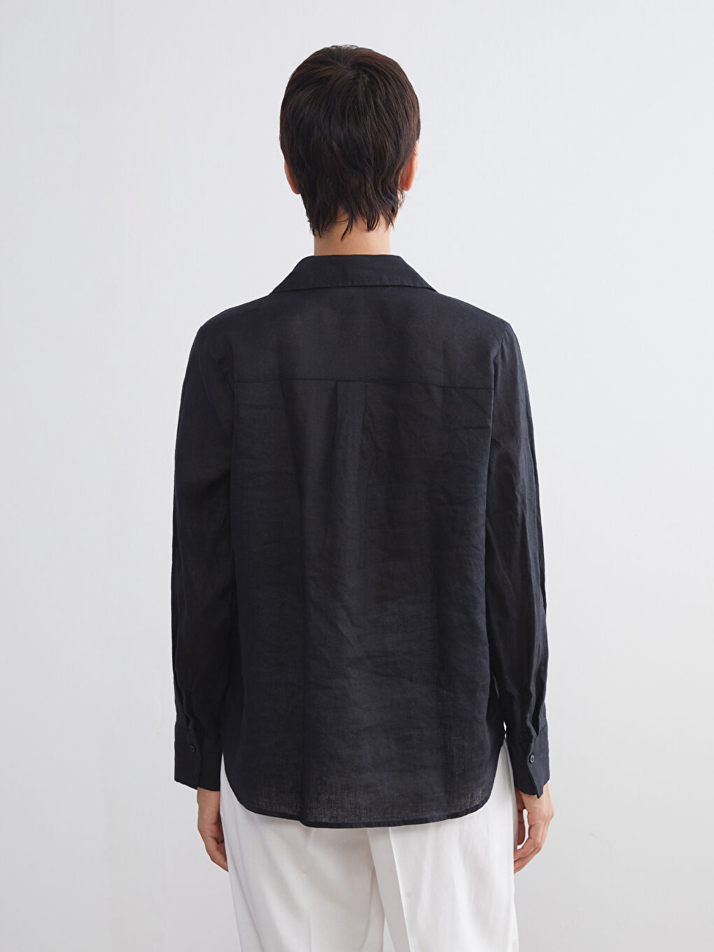 Siyah %100 Keten Kadın Gömlek-3