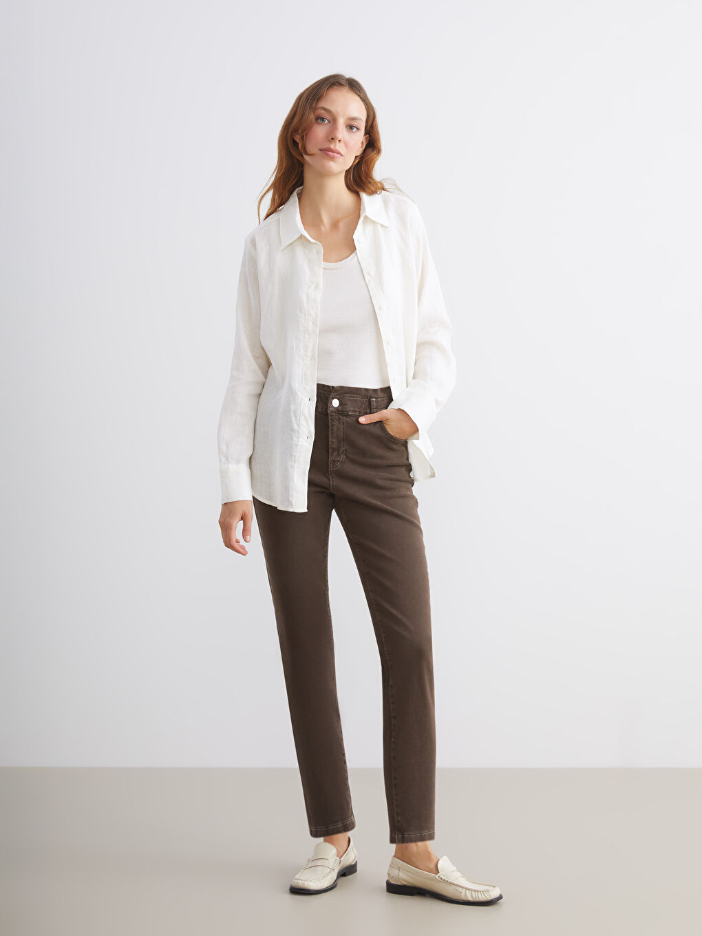 Ekru %100 Keten Kadın Gömlek-1