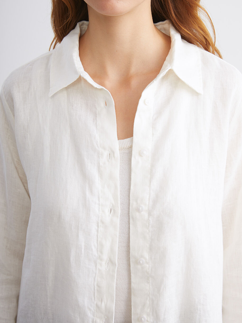 Ekru %100 Keten Kadın Gömlek-2